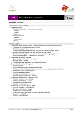 Carga horária
        0477         Planos estratégicos e operacionais
                                                                                                             50 horas


 Conteúdos (Continuação)

     Planeamento e gestão estratégica
 •      Planos operacionais
        −  Planos de uso único (para actividades não repetidas)
           . Programa

           . Projecto

           . Orçamento

        −  Planos permanentes
           . Políticas

           . Procedimentos

           . Regras


   Plano de negócios
 •    Decisões (de âmbito estratégico) sobre a operação logística com implicações no longo prazo
      −  Localização da actividade e dimensão do espaço
      −  Escolha dos equipamentos
      −  Decisões relativas à propriedade dos recursos (aluguer, compra, construção de raiz)
      −  Decisões relativamente à operação fazer ou mandar fazer/outsourcing
      −  Decisões relativas à política de recursos humanos afectos à operação logística
      −  Selecção de fornecedores e outros parceiros de negócio
 •    Objectivos de um plano de negócios
      −  Sistematização dos conceitos e das análises
      −  Avaliação interna e externa
      −  Processo de tomada de decisão e de afectação de recursos
 •    Componentes de um plano de negócios
      −  Sumário executivo
      −  Definição exacta do produto /processo a desenvolver
      −  Análise dos factores ambientais (externos) relevantes (a concorrência e os potenciais clientes)
      −  Planeamento da sua operacionalização
      −  Definição da equipa de gestão
      −  Avaliação de oportunidades e ameaças
      −  Planeamento financeiro de todo o processo
 •    Programação das actividades - Técnica de Gantt
      −  Principais vantagens e potencialidades
      −  Definição de actividades e duração
      −  Estabelecimento de precedências
      −  Desenhar o gráfico de Gantt
 •    Programação da actividade - Técnica PERT
      −  Principais vantagens e potencialidades
      −  Definição de actividades e duração
      −  Estabelecimento de precedências
      −  Determinar a duração das tarefas - optimista, previsível e pessimista
      −  Desenhar a rede PERT
      −  Definição do caminho crítico




REFERENCIAL DE FORMAÇÃO    Saída Profissional: Técnico/a de Logística   Nível 3                                    56/82
 