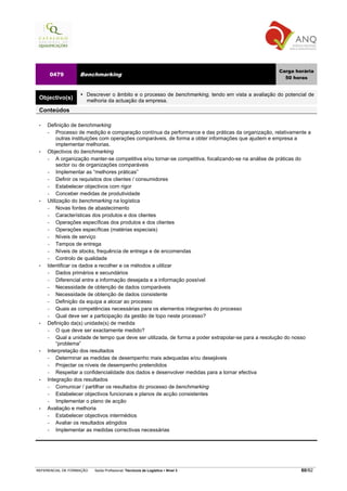Carga horária
     0479          Benchmarking
                                                                                                      50 horas


                      Descrever o âmbito e o processo de benchmarking, tendo em vista a avaliação do potencial de
 Objectivo(s)         melhoria da actuação da empresa.
 Conteúdos

 •   Definição de benchmarking
     −    Processo de medição e comparação contínua da performance e das práticas da organização, relativamente a
          outras instituições com operações comparáveis, de forma a obter informações que ajudem e empresa a
          implementar melhorias.
 •   Objectivos do benchmarking
     −    A organização manter-se competitiva e/ou tornar-se competitiva, focalizando-se na análise de práticas do
          sector ou de organizações comparáveis
     −    Implementar as “melhores práticas”
     −    Definir os requisitos dos clientes / consumidores
     −    Estabelecer objectivos com rigor
     −    Conceber medidas de produtividade
 •   Utilização do benchmarking na logística
     −    Novas fontes de abastecimento
     −    Características dos produtos e dos clientes
     −    Operações específicas dos produtos e dos clientes
     −    Operações específicas (matérias especiais)
     −    Níveis de serviço
     −    Tempos de entrega
     −    Níveis de stocks, frequência de entrega e de encomendas
     −    Controlo de qualidade
 •   Identificar os dados a recolher e os métodos a utilizar
     −    Dados primários e secundários
     −    Diferencial entre a informação desejada e a informação possível
     −    Necessidade de obtenção de dados comparáveis
     −    Necessidade de obtenção de dados consistente
     −    Definição da equipa a alocar ao processo
     −    Quais as competências necessárias para os elementos integrantes do processo
     −    Qual deve ser a participação da gestão de topo neste processo?
 •   Definição da(s) unidade(s) de medida
     −    O que deve ser exactamente medido?
     −    Qual a unidade de tempo que deve ser utilizada, de forma a poder extrapolar-se para a resolução do nosso
          “problema”
 •   Interpretação dos resultados
     −    Determinar as medidas de desempenho mais adequadas e/ou desejáveis
     −    Projectar os níveis de desempenho pretendidos
     −    Respeitar a confidencialidade dos dados e desenvolver medidas para a tornar efectiva
 •   Integração dos resultados
     −    Comunicar / partilhar os resultados do processo de benchmarking
     −    Estabelecer objectivos funcionais e planos de acção consistentes
     −    Implementar o plano de acção
 •   Avaliação e melhoria
     −    Estabelecer objectivos intermédios
     −    Avaliar os resultados atingidos
     −    Implementar as medidas correctivas necessárias




REFERENCIAL DE FORMAÇÃO   Saída Profissional: Técnico/a de Logística   Nível 3                                60/82
 