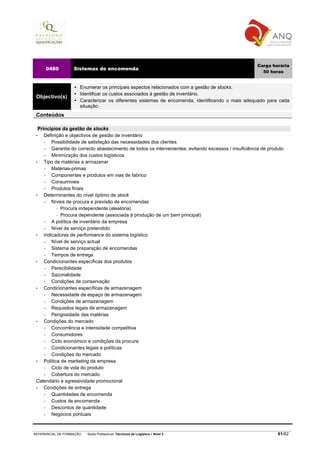 Carga horária
     0480          Sistemas de encomenda
                                                                                                          50 horas


                      Enumerar os principais aspectos relacionados com a gestão de stocks.
                      Identificar os custos associados à gestão de inventário.
 Objectivo(s)
                      Caracterizar os diferentes sistemas de encomenda, identificando o mais adequado para cada
                      situação.
 Conteúdos

   Princípios da gestão de stocks
 •    Definição e objectivos de gestão de inventário
      −   Possibilidade de satisfação das necessidades dos clientes
      −   Garantia do correcto abastecimento de todos os intervenientes, evitando excessos / insuficiência de produto
      −   Minimização dos custos logísticos
 •    Tipo de matérias a armazenar
      −   Matérias-primas
      −   Componentes e produtos em vias de fabrico
      −   Consumíveis
      −   Produtos finais
 •    Determinantes do nível óptimo de stock
      −   Níveis de procura e previsão de encomendas
               Procura independente (aleatória)
               Procura dependente (associada à produção de um bem principal)
      −   A política de inventário da empresa
      −   Nível de serviço pretendido
 •    Indicadores de performance do sistema logístico
      −   Nível de serviço actual
      −   Sistema de preparação de encomendas
      −   Tempos de entrega
 •    Condicionantes específicas dos produtos
      −   Perecibilidade
      −   Sazonalidade
      −   Condições de conservação
 •    Condicionantes específicas de armazenagem
      −   Necessidade de espaço de armazenagem
      −   Condições de armazenagem
      −   Requisitos legais de armazenagem
      −   Perigosidade das matérias
 •    Condições do mercado
      −   Concorrência e intensidade competitiva
      −   Consumidores
      −   Ciclo económico e condições da procura
      −   Condicionantes legais e políticas
      −   Condições do mercado
 •    Política de marketing da empresa
      −   Ciclo de vida do produto
      −   Cobertura do mercado
 Calendário e agressividade promocional
 •    Condições de entrega
      −   Quantidades de encomenda
      −   Custos de encomenda
      −   Descontos de quantidade
      −   Negócios pontuais



REFERENCIAL DE FORMAÇÃO   Saída Profissional: Técnico/a de Logística   Nível 3                                    61/82
 