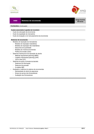 Carga horária
     0480          Sistemas de encomenda
                                                                                   50 horas


 Conteúdos (Continuação)

   Custos associados à gestão de inventário
 •   Custo da colocação da encomenda
 •   Custo da expedição da mercadoria
 •   Custo da recepção e do manuseamento da encomenda

   Sistemas de encomenda
 •    Modelos de reposição de mercadorias
      −   Modelos de reposição instantânea
      −   Modelos de reposição não instantânea
      −   Descontos de quantidade
      −   Modelos de nível de encomenda
      −   Política de revisão cíclica
 •    Sistemas hierárquicos de reposição de stocks
      −   Material requirement planning (MRP)
      −   Logistics requirement planning (LRP)
      −   Just in time (JIT)
 •    Sistemas de apoio à tomada de decisão
      −   Sistemas de informação
      −   Sistemas de previsão
      −   A análise ABC
 •    Avaliação e melhoria do sistema de encomendas
      −   Necessidade do stock de segurança
      −   Níveis de serviço dos fornecedores
      −   Avaliação dos fornecedores




REFERENCIAL DE FORMAÇÃO   Saída Profissional: Técnico/a de Logística   Nível 3           62/82
 