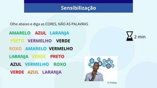 AMARELO AZUL LARANJA
PRETO VERMELHO VERDE
ROXO AMARELO VERMELHO
LARANJA VERDE PRETO
AZUL VERMELHO ROXO
VERDE AZUL LARANJA
Sensibilização
2 min
Olhe abaixo e diga as CORES, NÃO AS PALAVRAS
© Pixabay
 