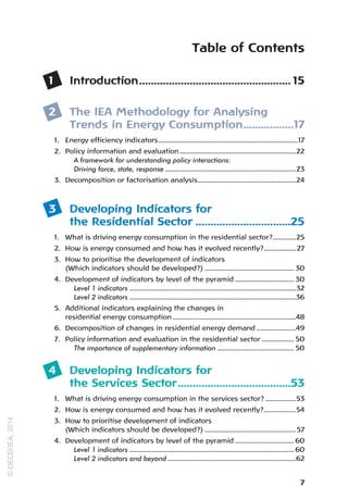 1 Introduction.
................................................... 15
2 The IEA Methodology for Analysing
Trends in Energy Consumption.
.................17
1. Energy efficiency indicators.
..............................................................................17
2. Policy information and evaluation..................................................................22
A framework for understanding policy interactions:
Driving force, state, response..........................................................................23
3. Decomposition or factorisation analysis.
.......................................................24
3 Developing Indicators for
the Residential Sector.................................25
1. What is driving energy consumption in the residential sector?.
.............25
2. How is energy consumed and how has it evolved recently?.
.................. 27
3. How to prioritise the development of indicators
(Which indicators should be developed?)................................................... 30
4. Development of indicators by level of the pyramid.................................. 30
Level 1 indicators..............................................................................................32
Level 2 indicators..............................................................................................36
5. Additional indicators explaining the changes in
residential energy consumption......................................................................48
6. Decomposition of changes in residential energy demand.......................49
7. Policy information and evaluation in the residential sector................... 50
The importance of supplementary information............................................ 50
4 Developing Indicators for
the Services Sector.
......................................53
1. What is driving energy consumption in the services sector?..................53
2. How is energy consumed and how has it evolved recently?.
..................54
3. How to prioritise development of indicators
(Which indicators should be developed?).................................................... 57
4. Development of indicators by level of the pyramid.................................. 60
Level 1 indicators............................................................................................. 60
Level 2 indicators and beyond.
........................................................................62
Table of Contents
7
©
OECD/IEA,
2014
 