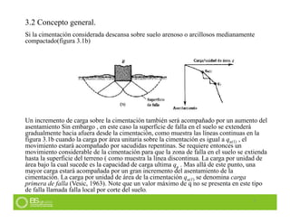 7
3.2 Concepto general.
Si la cimentación considerada descansa sobre suelo arenoso o arcillosos medianamente
compactado(figura 3.1b)
Un incremento de carga sobre la cimentación también será acompañado por un aumento del
asentamiento Sin embargo , en este caso la superficie de falla en el suelo se extenderá
gradualmente hacia afuera desde la cimentación, como muestra las líneas continuas en la
figura 3.1b cuando la carga por área unitaria sobre la cimentación es igual a qu(1) , el
movimiento estará acompañado por sacudidas repentinas. Se requiere entonces un
movimiento considerable de la cimentación para que la zona de falla en el suelo se extienda
hasta la superficie del terreno ( como muestra la línea discontinua. La carga por unidad de
área bajo la cual sucede es la capacidad de carga ultima qu . Mas allá de este punto, una
mayor carga estará acompañada por un gran incremento del asentamiento de la
cimentación. La carga por unidad de área de la cimentación qu(1) se denomina carga
primera de falla (Vesic, 1963). Note que un valor máximo de q no se presenta en este tipo
de falla llamada falla local por corte del suelo.
 