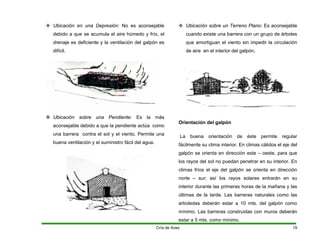™ Ubicación en una Depresión: No es aconsejable
debido a que se acumula el aire húmedo y frío, el
drenaje es deficiente y la ventilación del galpón es
difícil.
™ Ubicación sobre una Pendiente: Es la más
aconsejable debido a que la pendiente actúa como
una barrera contra el sol y el viento. Permite una
buena ventilación y el suministro fácil del agua.
™ Ubicación sobre un Terreno Plano: Es aconsejable
cuando existe una barrera con un grupo de árboles
que amortiguan el viento sin impedir la circulación
de aire en el interior del galpón.
Orientación del galpón
La buena orientación de éste permite regular
fácilmente su clima interior. En climas cálidos el eje del
galpón se orienta en dirección este – oeste, para que
los rayos del sol no puedan penetrar en su interior. En
climas fríos el eje del galpón se orienta en dirección
norte – sur; así los rayos solares entrarán en su
interior durante las primeras horas de la mañana y las
últimas de la tarde. Las barreras naturales como las
arboledas deberán estar a 10 mts. del galpón como
mínimo. Las barreras construidas con muros deberán
estar a 5 mts. como mínimo.
Cría de Aves 19
 