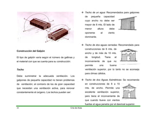 Construcción del Galpón
El tipo de galpón varía según el número de gallinas y
el material con que se cuenta para su construcción:
Techo
Debe suministrar la adecuada ventilación. Los
galpones de pequeña capacidad no tienen problemas
de ventilación; al contrario de los de gran capacidad
que necesitan una ventilación activa, para renovar
constantemente el oxígeno. Los techos pueden ser:
™ Techo de un agua: Recomendados para galpones
de pequeña capacidad
cuyo ancho no debe ser
mayor de 6 mts. El lado de
menor altura debe
oponerse al viento
dominante.
™ Techo de dos aguas cerradas: Recomendado para
construcciones de 6 mts. de
ancho y de más de 10 mts.
de longitud. Tiene el
inconveniente de que no
permite una buena
ventilación superior, por lo tanto no se aconseja
para climas cálidos.
™ Techo de dos Aguas Asimétricas: Se recomienda
en construcciones de 8 a 10
mts. de ancho. Permite una
excelente ventilación superior,
pero tiene el inconveniente de
que cuando llueve con vientos
fuertes el agua penetra por el desnivel superior.
Cría de Aves
20
 