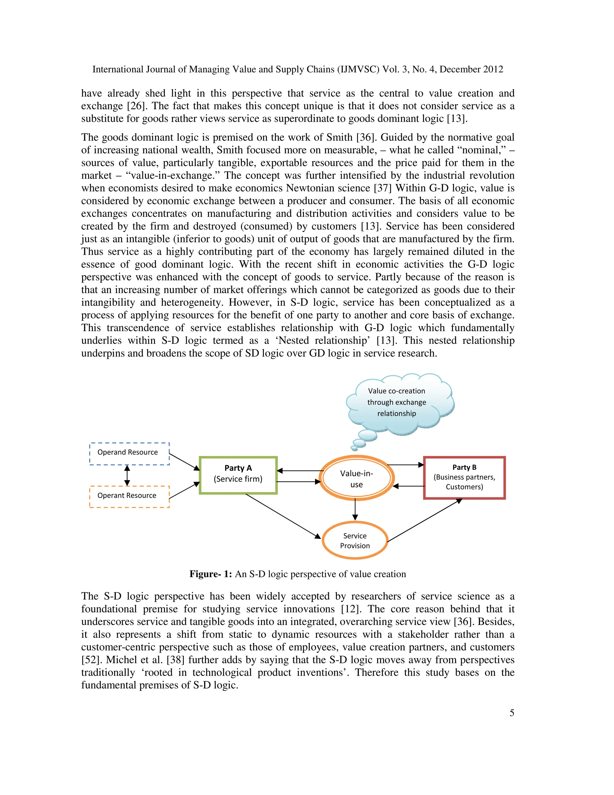 International Journal of Managing Value and Supply Chains (IJMVSC) Vol. 3, No. 4, December 2012
5
have already shed light in this perspective that service as the central to value creation and
exchange [26]. The fact that makes this concept unique is that it does not consider service as a
substitute for goods rather views service as superordinate to goods dominant logic [13].
The goods dominant logic is premised on the work of Smith [36]. Guided by the normative goal
of increasing national wealth, Smith focused more on measurable, – what he called “nominal,” –
sources of value, particularly tangible, exportable resources and the price paid for them in the
market – “value-in-exchange.” The concept was further intensified by the industrial revolution
when economists desired to make economics Newtonian science [37] Within G-D logic, value is
considered by economic exchange between a producer and consumer. The basis of all economic
exchanges concentrates on manufacturing and distribution activities and considers value to be
created by the firm and destroyed (consumed) by customers [13]. Service has been considered
just as an intangible (inferior to goods) unit of output of goods that are manufactured by the firm.
Thus service as a highly contributing part of the economy has largely remained diluted in the
essence of good dominant logic. With the recent shift in economic activities the G-D logic
perspective was enhanced with the concept of goods to service. Partly because of the reason is
that an increasing number of market offerings which cannot be categorized as goods due to their
intangibility and heterogeneity. However, in S-D logic, service has been conceptualized as a
process of applying resources for the benefit of one party to another and core basis of exchange.
This transcendence of service establishes relationship with G-D logic which fundamentally
underlies within S-D logic termed as a ‘Nested relationship’ [13]. This nested relationship
underpins and broadens the scope of SD logic over GD logic in service research.
Figure- 1: An S-D logic perspective of value creation
The S-D logic perspective has been widely accepted by researchers of service science as a
foundational premise for studying service innovations [12]. The core reason behind that it
underscores service and tangible goods into an integrated, overarching service view [36]. Besides,
it also represents a shift from static to dynamic resources with a stakeholder rather than a
customer-centric perspective such as those of employees, value creation partners, and customers
[52]. Michel et al. [38] further adds by saying that the S-D logic moves away from perspectives
traditionally ‘rooted in technological product inventions’. Therefore this study bases on the
fundamental premises of S-D logic.
Value-in-
use
Party A
(Service firm)
Service
Provision
Party B
(Business partners,
Customers)
Operand Resource
Operant Resource
Value co-creation
through exchange
relationship
 