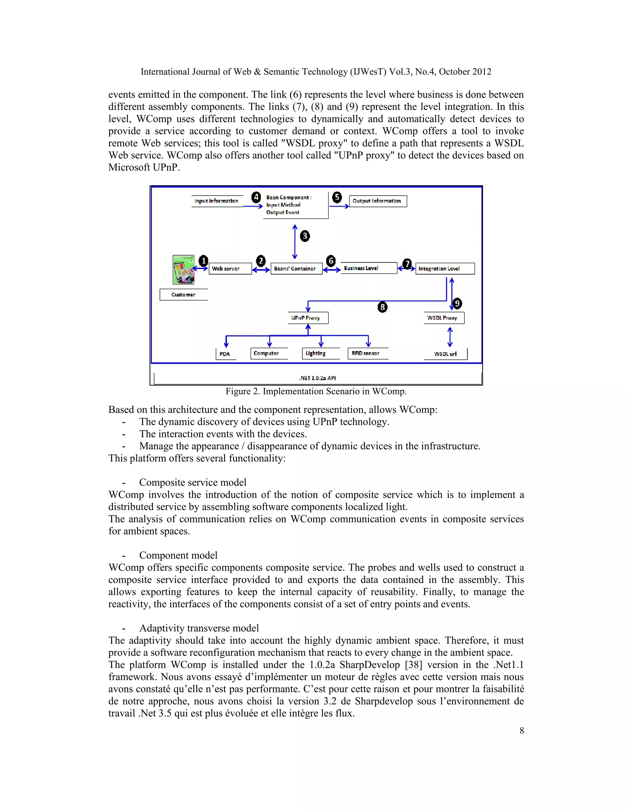 International Journal of Web & Semantic Technology (IJWesT) Vol.3, No.4, October 2012
8
events emitted in the component. The link (6) represents the level where business is done between
different assembly components. The links (7), (8) and (9) represent the level integration. In this
level, WComp uses different technologies to dynamically and automatically detect devices to
provide a service according to customer demand or context. WComp offers a tool to invoke
remote Web services; this tool is called "WSDL proxy" to define a path that represents a WSDL
Web service. WComp also offers another tool called "UPnP proxy" to detect the devices based on
Microsoft UPnP.
Figure 2. Implementation Scenario in WComp.
Based on this architecture and the component representation, allows WComp:
- The dynamic discovery of devices using UPnP technology.
- The interaction events with the devices.
- Manage the appearance / disappearance of dynamic devices in the infrastructure.
This platform offers several functionality:
- Composite service model
WComp involves the introduction of the notion of composite service which is to implement a
distributed service by assembling software components localized light.
The analysis of communication relies on WComp communication events in composite services
for ambient spaces.
- Component model
WComp offers specific components composite service. The probes and wells used to construct a
composite service interface provided to and exports the data contained in the assembly. This
allows exporting features to keep the internal capacity of reusability. Finally, to manage the
reactivity, the interfaces of the components consist of a set of entry points and events.
- Adaptivity transverse model
The adaptivity should take into account the highly dynamic ambient space. Therefore, it must
provide a software reconfiguration mechanism that reacts to every change in the ambient space.
The platform WComp is installed under the 1.0.2a SharpDevelop [38] version in the .Net1.1
framework. Nous avons essayé d’implémenter un moteur de règles avec cette version mais nous
avons constaté qu’elle n’est pas performante. C’est pour cette raison et pour montrer la faisabilité
de notre approche, nous avons choisi la version 3.2 de Sharpdevelop sous l’environnement de
travail .Net 3.5 qui est plus évoluée et elle intègre les flux.
 