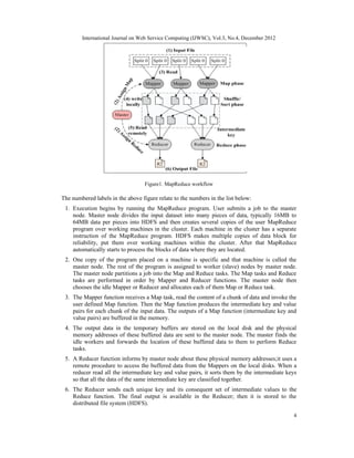 International Journal on Web Service Computing (IJWSC), Vol.3, No.4, December 2012
4
Figure1. MapReduce workflow
The numbered labels in the above figure relate to the numbers in the list below:
1. Execution begins by running the MapReduce program. User submits a job to the master
node. Master node divides the input dataset into many pieces of data, typically 16MB to
64MB data per pieces into HDFS and then creates several copies of the user MapReduce
program over working machines in the cluster. Each machine in the cluster has a separate
instruction of the MapReduce program. HDFS makes multiple copies of data block for
reliability, put them over working machines within the cluster. After that MapReduce
automatically starts to process the blocks of data where they are located.
2. One copy of the program placed on a machine is specific and that machine is called the
master node. The rest of the program is assigned to worker (slave) nodes by master node.
The master node partitions a job into the Map and Reduce tasks. The Map tasks and Reduce
tasks are performed in order by Mapper and Reducer functions. The master node then
chooses the idle Mapper or Reducer and allocates each of them Map or Reduce task.
3. The Mapper function receives a Map task, read the content of a chunk of data and invoke the
user defined Map function. Then the Map function produces the intermediate key and value
pairs for each chunk of the input data. The outputs of a Map function (intermediate key and
value pairs) are buffered in the memory.
4. The output data in the temporary buffers are stored on the local disk and the physical
memory addresses of these buffered data are sent to the master node. The master finds the
idle workers and forwards the location of these buffered data to them to perform Reduce
tasks.
5. A Reducer function informs by master node about these physical memory addresses;it uses a
remote procedure to access the buffered data from the Mappers on the local disks. When a
reducer read all the intermediate key and value pairs, it sorts them by the intermediate keys
so that all the data of the same intermediate key are classified together.
6. The Reducer sends each unique key and its consequent set of intermediate values to the
Reduce function. The final output is available in the Reducer; then it is stored to the
distributed file system (HDFS).
 