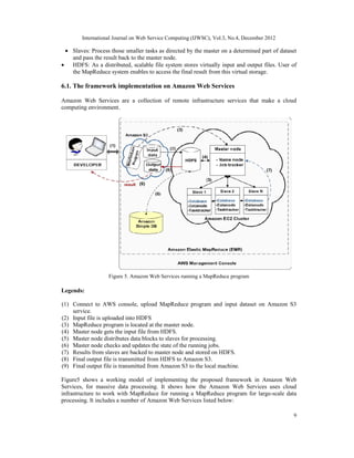 International Journal on Web Service Computing (IJWSC), Vol.3, No.4, December 2012
9
• Slaves: Process those smaller tasks as directed by the master on a determined part of dataset
and pass the result back to the master node.
• HDFS: As a distributed, scalable file system stores virtually input and output files. User of
the MapReduce system enables to access the final result from this virtual storage.
6.1. The framework implementation on Amazon Web Services
Amazon Web Services are a collection of remote infrastructure services that make a cloud
computing environment.
Figure 5. Amazon Web Services running a MapReduce program
Legends:
(1) Connect to AWS console, upload MapReduce program and input dataset on Amazon S3
service.
(2) Input file is uploaded into HDFS
(3) MapReduce program is located at the master node.
(4) Master node gets the input file from HDFS.
(5) Master node distributes data blocks to slaves for processing.
(6) Master node checks and updates the state of the running jobs.
(7) Results from slaves are backed to master node and stored on HDFS.
(8) Final output file is transmitted from HDFS to Amazon S3.
(9) Final output file is transmitted from Amazon S3 to the local machine.
Figure5 shows a working model of implementing the proposed framework in Amazon Web
Services, for massive data processing. It shows how the Amazon Web Services uses cloud
infrastructure to work with MapReduce for running a MapReduce program for large-scale data
processing. It includes a number of Amazon Web Services listed below:
 