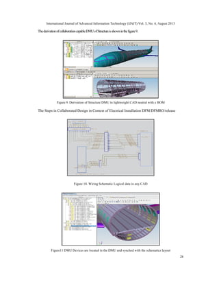 International Journal of Advanced Information Technology (IJAIT) Vol. 3, No. 4, August 2013
28
ThederivationofcollaborationcapableDMUofStructureisshowninthefigure9.
Figure 9. Derivation of Structure DMU in lightweight CAD neutral with e BOM
The Steps in Collaborated Design in Context of Electrical Installation DFM/DFMRO/release
Figure 10. Wiring Schematic Logical data in any CAD
Figure11 DMU Devices are located in the DMU and synched with the schematics layout
 