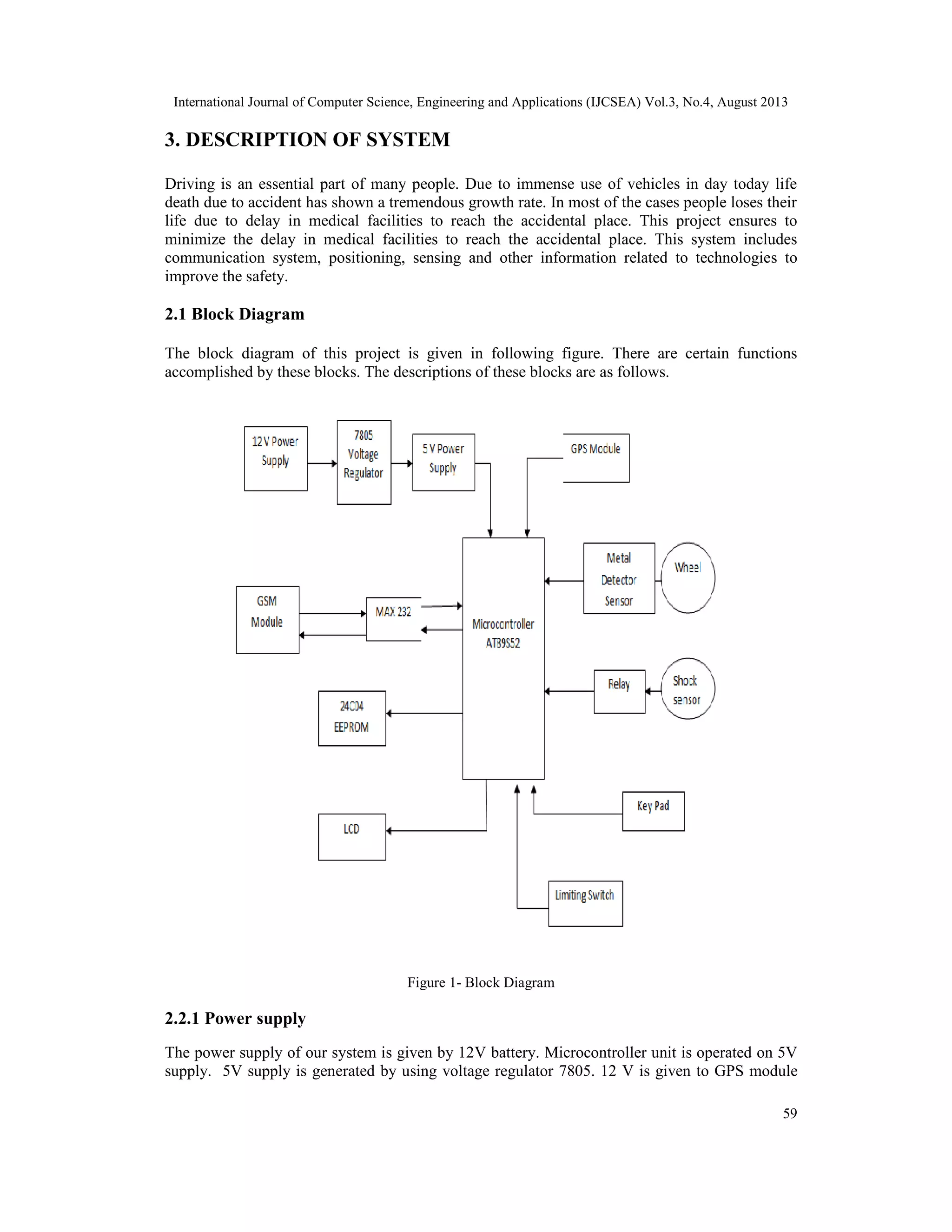 International Journal of Computer Science, Engineering and Applications (IJCSEA) Vol.3, No.4, August 2013
59
3. DESCRIPTION OF SYSTEM
Driving is an essential part of many people. Due to immense use of vehicles in day today life
death due to accident has shown a tremendous growth rate. In most of the cases people loses their
life due to delay in medical facilities to reach the accidental place. This project ensures to
minimize the delay in medical facilities to reach the accidental place. This system includes
communication system, positioning, sensing and other information related to technologies to
improve the safety.
2.1 Block Diagram
The block diagram of this project is given in following figure. There are certain functions
accomplished by these blocks. The descriptions of these blocks are as follows.
Figure 1- Block Diagram
2.2.1 Power supply
The power supply of our system is given by 12V battery. Microcontroller unit is operated on 5V
supply. 5V supply is generated by using voltage regulator 7805. 12 V is given to GPS module
 