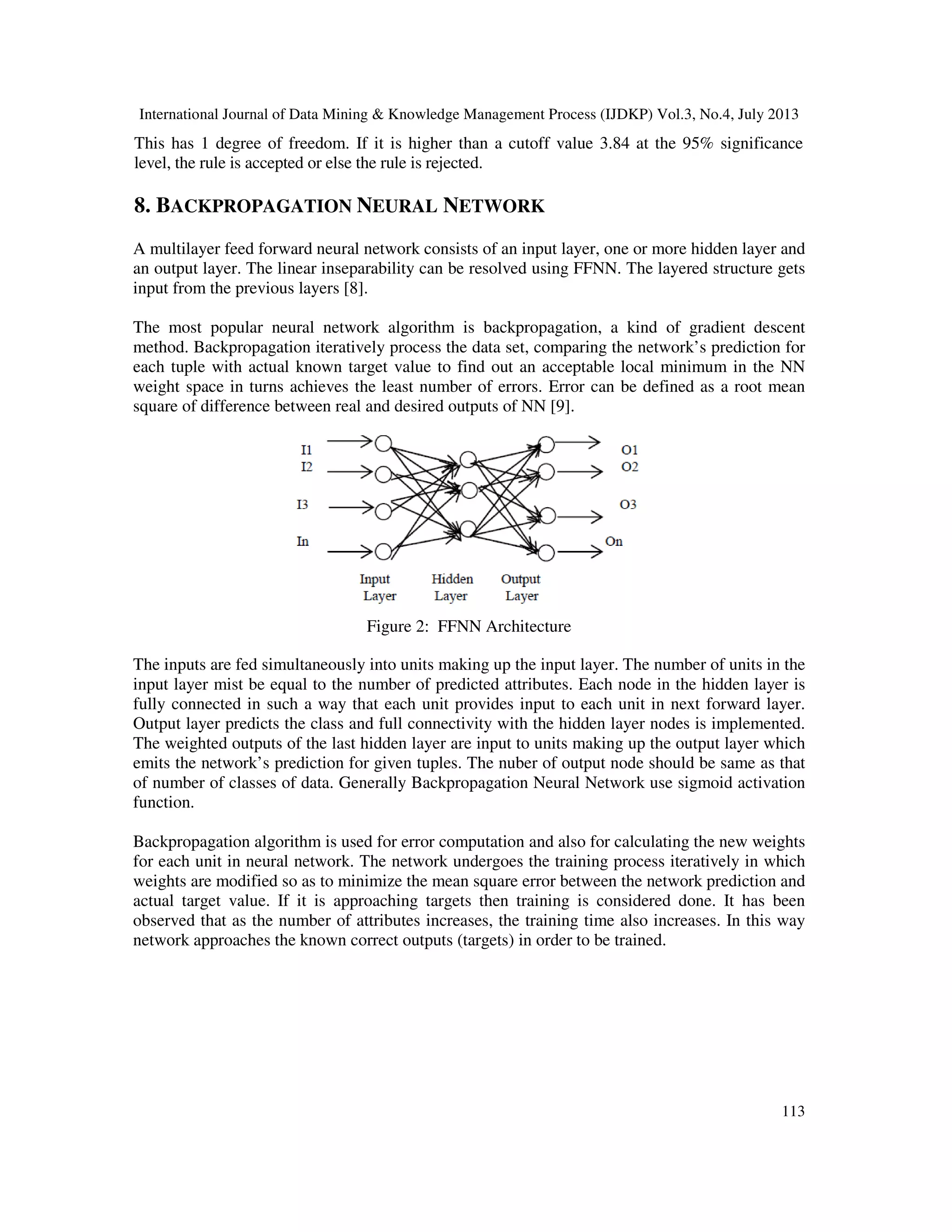 International Journal of Data Mining & Knowledge Management Process (IJDKP) Vol.3, No.4, July 2013
113
This has 1 degree of freedom. If it is higher than a cutoff value 3.84 at the 95% significance
level, the rule is accepted or else the rule is rejected.
8. BACKPROPAGATION NEURAL NETWORK
A multilayer feed forward neural network consists of an input layer, one or more hidden layer and
an output layer. The linear inseparability can be resolved using FFNN. The layered structure gets
input from the previous layers [8].
The most popular neural network algorithm is backpropagation, a kind of gradient descent
method. Backpropagation iteratively process the data set, comparing the network’s prediction for
each tuple with actual known target value to find out an acceptable local minimum in the NN
weight space in turns achieves the least number of errors. Error can be defined as a root mean
square of difference between real and desired outputs of NN [9].
Figure 2: FFNN Architecture
The inputs are fed simultaneously into units making up the input layer. The number of units in the
input layer mist be equal to the number of predicted attributes. Each node in the hidden layer is
fully connected in such a way that each unit provides input to each unit in next forward layer.
Output layer predicts the class and full connectivity with the hidden layer nodes is implemented.
The weighted outputs of the last hidden layer are input to units making up the output layer which
emits the network’s prediction for given tuples. The nuber of output node should be same as that
of number of classes of data. Generally Backpropagation Neural Network use sigmoid activation
function.
Backpropagation algorithm is used for error computation and also for calculating the new weights
for each unit in neural network. The network undergoes the training process iteratively in which
weights are modified so as to minimize the mean square error between the network prediction and
actual target value. If it is approaching targets then training is considered done. It has been
observed that as the number of attributes increases, the training time also increases. In this way
network approaches the known correct outputs (targets) in order to be trained.
 