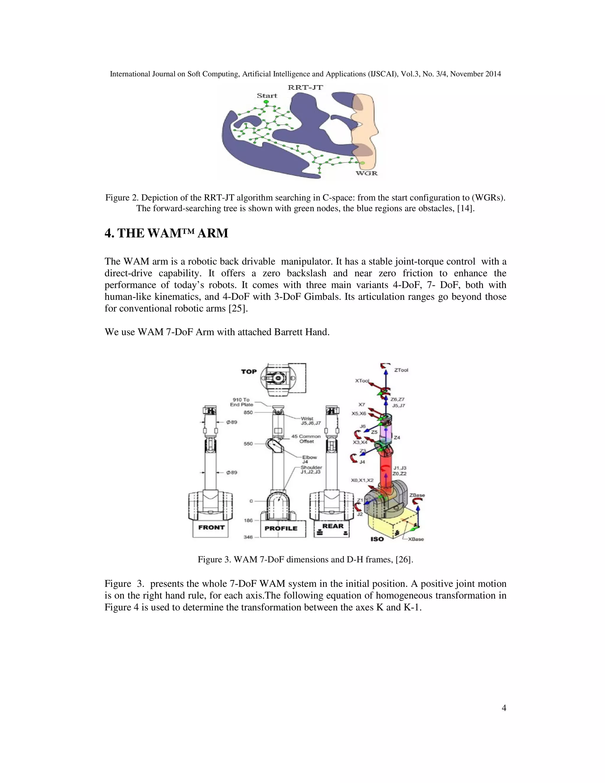 International Journal on Soft Computing, Artificial Intelligence and Applications (IJSCAI), Vol.3, No. 3/4, November 2014
4
Figure 2. Depiction of the RRT-JT algorithm searching in C-space: from the start configuration to (WGRs).
The forward-searching tree is shown with green nodes, the blue regions are obstacles, [14].
4. THE WAM™ ARM
The WAM arm is a robotic back drivable manipulator. It has a stable joint-torque control with a
direct-drive capability. It offers a zero backslash and near zero friction to enhance the
performance of today’s robots. It comes with three main variants 4-DoF, 7- DoF, both with
human-like kinematics, and 4-DoF with 3-DoF Gimbals. Its articulation ranges go beyond those
for conventional robotic arms [25].
We use WAM 7-DoF Arm with attached Barrett Hand.
Figure 3. WAM 7-DoF dimensions and D-H frames, [26].
Figure 3. presents the whole 7-DoF WAM system in the initial position. A positive joint motion
is on the right hand rule, for each axis.The following equation of homogeneous transformation in
Figure 4 is used to determine the transformation between the axes K and K-1.
 