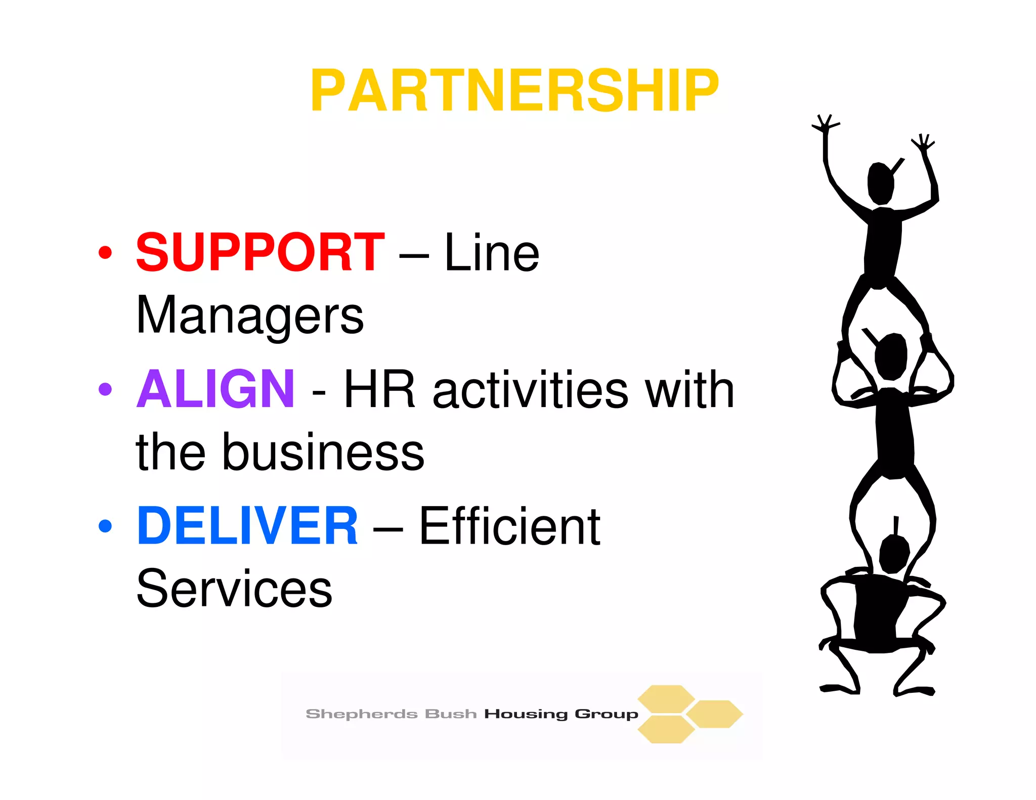 PARTNERSHIP

• SUPPORT – Line
  Managers
• ALIGN - HR activities with
  the business
• DELIVER – Efficient
  Services
 