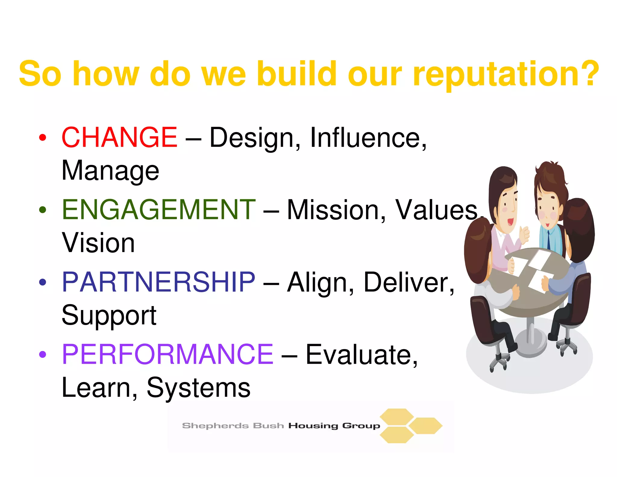 So how do we build our reputation?
 • CHANGE – Design, Influence,
   Manage
 • ENGAGEMENT – Mission, Values,
   Vision
 • PARTNERSHIP – Align, Deliver,
   Support
 • PERFORMANCE – Evaluate,
   Learn, Systems
 