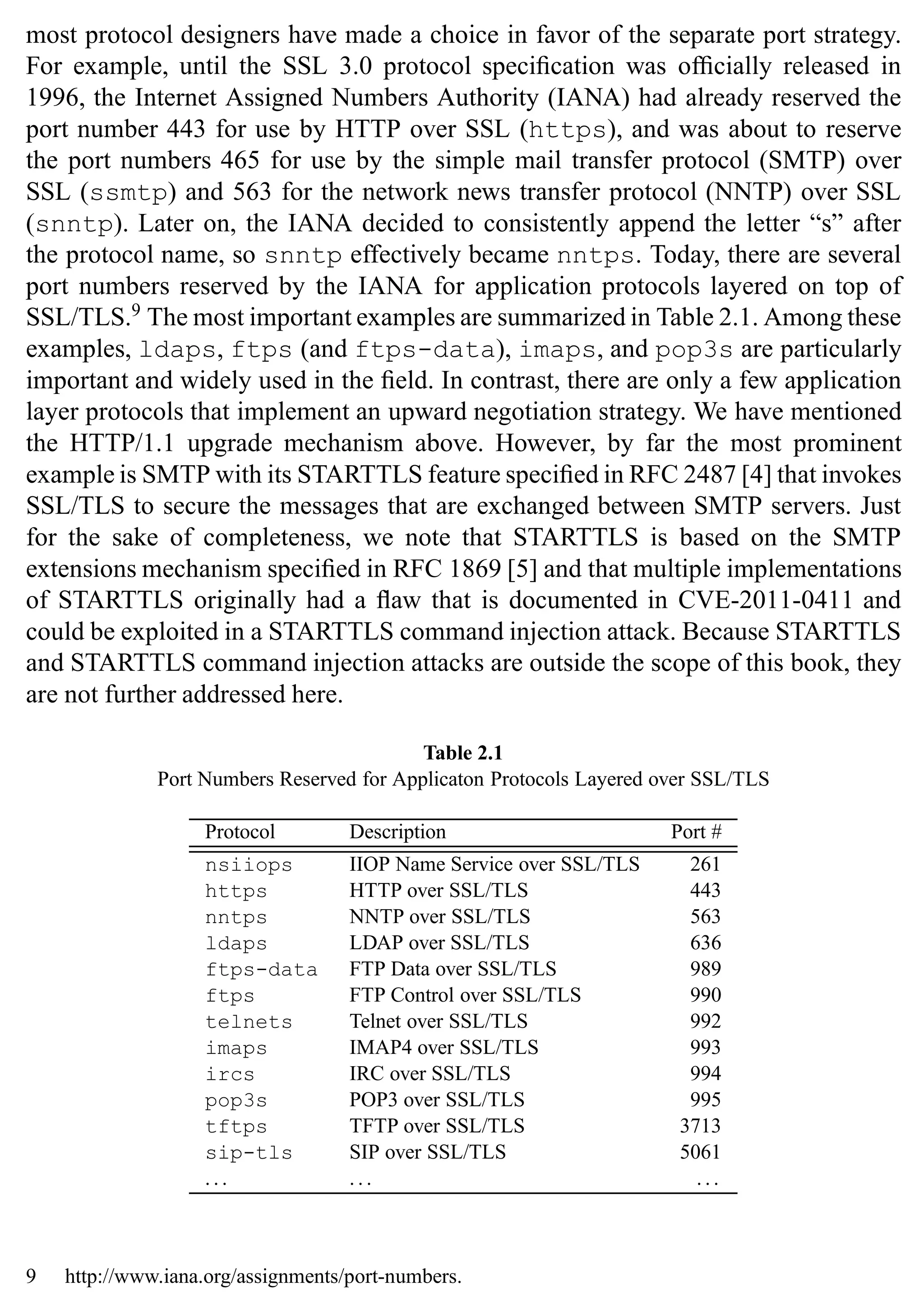 26 SSL and TLS: Theory and Practice
most protocol designers have made a choice in favor of the separate port strategy.
For example, until the SSL 3.0 protocol specification was officially released in
1996, the Internet Assigned Numbers Authority (IANA) had already reserved the
port number 443 for use by HTTP over SSL (https), and was about to reserve
the port numbers 465 for use by the simple mail transfer protocol (SMTP) over
SSL (ssmtp) and 563 for the network news transfer protocol (NNTP) over SSL
(snntp). Later on, the IANA decided to consistently append the letter “s” after
the protocol name, so snntp effectively became nntps. Today, there are several
port numbers reserved by the IANA for application protocols layered on top of
SSL/TLS.9
The most important examples are summarized in Table 2.1. Among these
examples, ldaps, ftps (and ftps-data), imaps, and pop3s are particularly
important and widely used in the field. In contrast, there are only a few application
layer protocols that implement an upward negotiation strategy. We have mentioned
the HTTP/1.1 upgrade mechanism above. However, by far the most prominent
example is SMTP with its STARTTLS feature specified in RFC 2487 [4] that invokes
SSL/TLS to secure the messages that are exchanged between SMTP servers. Just
for the sake of completeness, we note that STARTTLS is based on the SMTP
extensions mechanism specified in RFC 1869 [5] and that multiple implementations
of STARTTLS originally had a flaw that is documented in CVE-2011-0411 and
could be exploited in a STARTTLS command injection attack. Because STARTTLS
and STARTTLS command injection attacks are outside the scope of this book, they
are not further addressed here.
Table 2.1
Port Numbers Reserved for Applicaton Protocols Layered over SSL/TLS
Protocol Description Port #
nsiiops IIOP Name Service over SSL/TLS 261
https HTTP over SSL/TLS 443
nntps NNTP over SSL/TLS 563
ldaps LDAP over SSL/TLS 636
ftps-data FTP Data over SSL/TLS 989
ftps FTP Control over SSL/TLS 990
telnets Telnet over SSL/TLS 992
imaps IMAP4 over SSL/TLS 993
ircs IRC over SSL/TLS 994
pop3s POP3 over SSL/TLS 995
tftps TFTP over SSL/TLS 3713
sip-tls SIP over SSL/TLS 5061
. . . . . . . . .
9 http://www.iana.org/assignments/port-numbers.
 