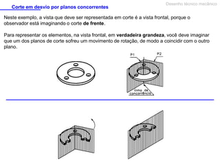 Corte em desvio por planos concorrentes

Desenho técnico mecânico

Neste exemplo, a vista que deve ser representada em corte é a vista frontal, porque o
observador está imaginando o corte de frente.
Para representar os elementos, na vista frontal, em verdadeira grandeza, você deve imaginar
que um dos planos de corte sofreu um movimento de rotação, de modo a coincidir com o outro
plano.

 