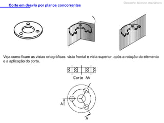Corte em desvio por planos concorrentes

Desenho técnico mecânico

Veja como ficam as vistas ortográficas: vista frontal e vista superior, após a rotação do elemento
e a aplicação do corte.

 