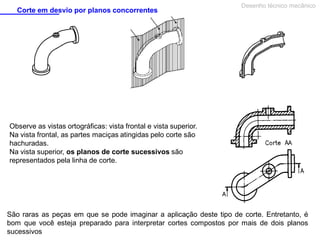 Corte em desvio por planos concorrentes

Desenho técnico mecânico

Observe as vistas ortográficas: vista frontal e vista superior.
Na vista frontal, as partes maciças atingidas pelo corte são
hachuradas.
Na vista superior, os planos de corte sucessivos são
representados pela linha de corte.

São raras as peças em que se pode imaginar a aplicação deste tipo de corte. Entretanto, é
bom que você esteja preparado para interpretar cortes compostos por mais de dois planos
sucessivos

 