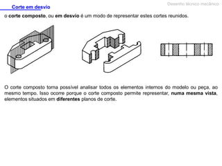 Corte em desvio

Desenho técnico mecânico

o corte composto, ou em desvio é um modo de representar estes cortes reunidos.

O corte composto torna possível analisar todos os elementos internos do modelo ou peça, ao
mesmo tempo. Isso ocorre porque o corte composto permite representar, numa mesma vista,
elementos situados em diferentes planos de corte.

 