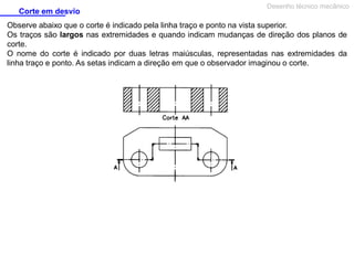 Corte em desvio

Desenho técnico mecânico

Observe abaixo que o corte é indicado pela linha traço e ponto na vista superior.
Os traços são largos nas extremidades e quando indicam mudanças de direção dos planos de
corte.
O nome do corte é indicado por duas letras maiúsculas, representadas nas extremidades da
linha traço e ponto. As setas indicam a direção em que o observador imaginou o corte.

 