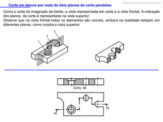 Corte em desvio por mais de dois planos de corte paralelos

Desenho técnico mecânico

Como o corte foi imaginado de frente, a vista representada em corte é a vista frontal. A indicação
dos planos de corte é representada na vista superior.
Observe que na vista frontal todos os elementos são visíveis, embora na realidade estejam em
diferentes planos, como mostra a vista superior.

 