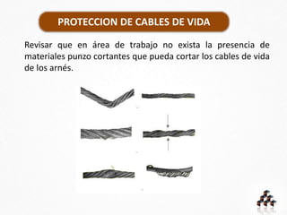 PROTECCION DE CABLES DE VIDA
Revisar que en área de trabajo no exista la presencia de
materiales punzo cortantes que pueda cortar los cables de vida
de los arnés.
 