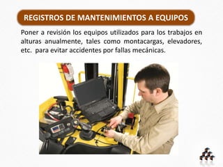 REGISTROS DE MANTENIMIENTOS A EQUIPOS
Poner a revisión los equipos utilizados para los trabajos en
alturas anualmente, tales como montacargas, elevadores,
etc. para evitar accidentes por fallas mecánicas.
 