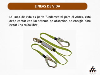 LINEAS DE VIDA
La línea de vida es parte fundamental para el Arnés, esta
debe contar con un sistema de absorción de energía para
evitar una caída libre.
 