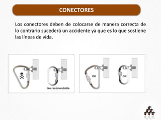 CONECTORES
Los conectores deben de colocarse de manera correcta de
lo contrario sucederá un accidente ya que es lo que sostiene
las líneas de vida.
 