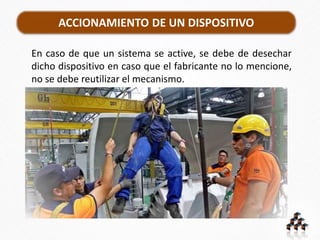 ACCIONAMIENTO DE UN DISPOSITIVO
En caso de que un sistema se active, se debe de desechar
dicho dispositivo en caso que el fabricante no lo mencione,
no se debe reutilizar el mecanismo.
 