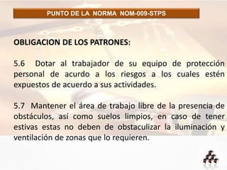 PUNTO DE LA NORMA NOM-009-STPS
OBLIGACION DE LOS PATRONES:
5.6 Dotar al trabajador de su equipo de protección
personal de acurdo a los riesgos a los cuales estén
expuestos de acuerdo a sus actividades.
5.7 Mantener el área de trabajo libre de la presencia de
obstáculos, así como suelos limpios, en caso de tener
estivas estas no deben de obstaculizar la iluminación y
ventilación de zonas que lo requieren.
 