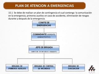 PLAN DE ATENCION A EMERGENCIAS
15.1 Se debe de realizar un plan de contingencia el cual contenga la comunicación
en la emergencia, primeros auxilios en caso de accidente, eliminación de riesgos
durante y después de la emergencia.
 