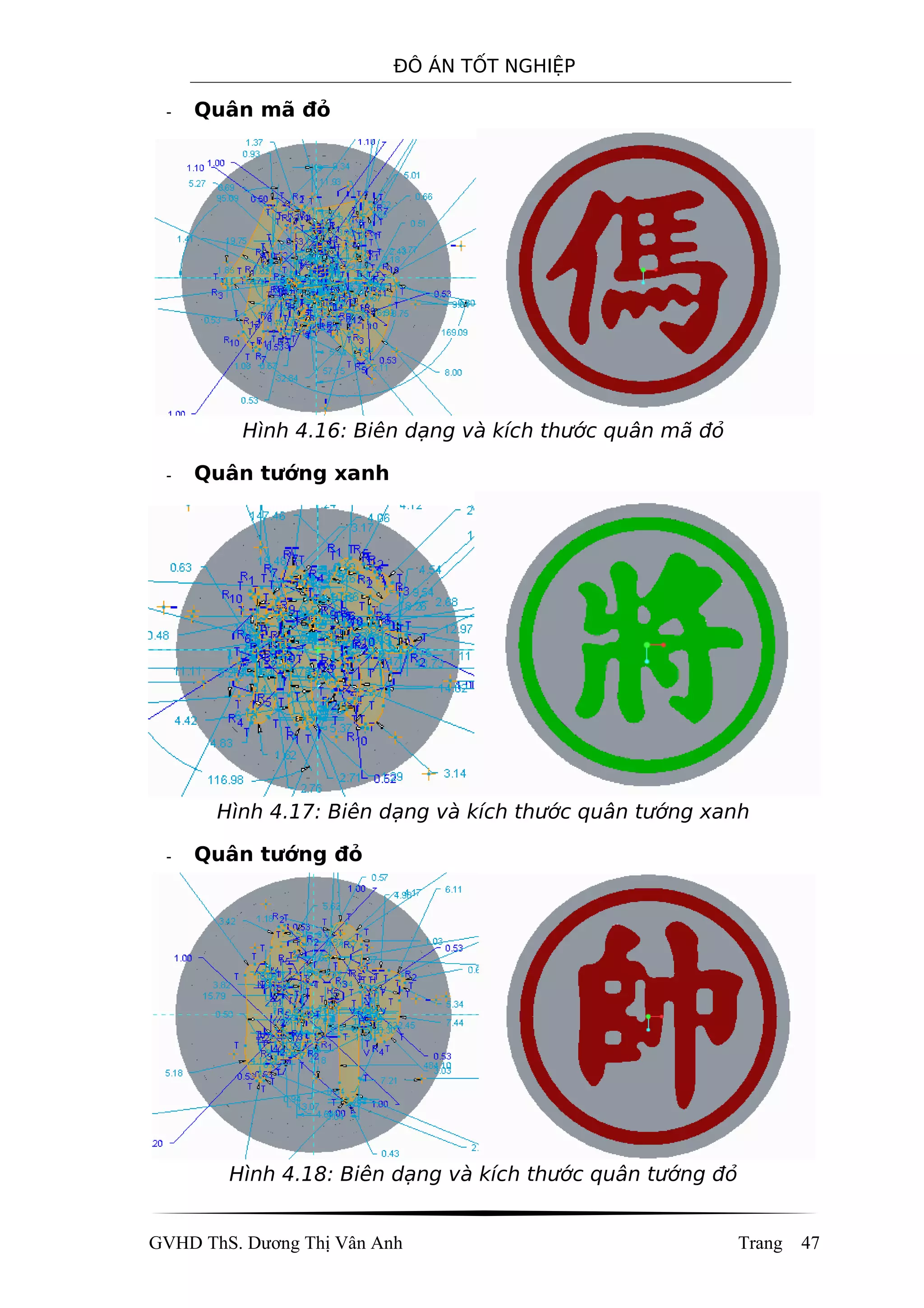 ĐÔ ÁN TỐT NGHIỆP
- Quân mã đỏ
Hình 4.16: Biên dạng và kích thước quân mã đỏ
- Quân tướng xanh
Hình 4.17: Biên dạng và kích thước quân tướng xanh
- Quân tướng đỏ
Hình 4.18: Biên dạng và kích thước quân tướng đỏ
GVHD ThS. Dương Thị Vân Anh Trang 47
 