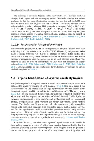 The exchange of the anion depends on the electrostatic forces between positively
charged LDH layers and the exchanging anions. The main criterion for anionic
exchange is that the force of attraction between the host ion and the LDH sheet
must be lower than that of guest ion and the sheet. The affinity between various
anions and the positively charged LDH sheets is in the order NO3
2
, Br2
, Cl2
, F2
, OH2
, MoO4
22
, SO4
22
, CrO4
22
, HPO4
22
, CO3
22
. This method
can be used for the preparation of layered double hydroxides with any inorganic
anions or organic anions. The entire process of anion-exchange must be carried out
in an inert atmosphere (Basu et al., 2014; Selvam et al., 2014; Mishra et al., 2018;
Richetta et al., 2017; Bullo Saifullah, 2015).
1.2.3.9 Reconstruction / rehydration method
The noticeable property of LDHs is the regaining of original structure back after
subjecting it to calcination between 400500
C followed by rehydration. When
LDH is heated between 400500
C, it changes to mixed metal oxides. It is
immersed in water or any other solution of anions to be intercalated. The overall
process of rehydration must be carried out in an inert nitrogen atmosphere. This
method can also be used for the synthesis of LDH with any inorganic or organic
anions (Basu et al., 2014; Mishra et al., 2018; Richetta et al., 2017; Bullo Saifullah,
2015). Some examples for the synthesis of layered double hydroxides by various
methods are given in Table 1.1.
1.3 Organic Modification of Layered Double Hydroxides
The prime objective of organic modification of layered double hydroxides is to
enhance the interlayer spacing of LDH materials (Fig. 1.4) so as to make it eas-
ily accessible for the intercalation of large hydrophobic polymer chains. Some
important organic modifiers used for the modifications of LDHs are given in
Table 1.2 The fine tuning of the inter lamellar galleries of layered double hydro-
xides with suitable organic anions offer exfoliated layered double hydroxide
polymer nanocomposites with multifaceted applications such as biomedical,
energy, food packaging, flame retardant, gas barrier, agricultural, water purifica-
tion etc. This is also an efficient way to tailor the nano space in the intergallery
region with functional materials like pesticides, drugs, nucleic acids, enzymes
etc for vast applications such as controlled pesticides release, drug delivery,
gene delivery, biosensors etc. Organic modification can be carried out success-
fully by following any one of the important strategies such as anion exchange
reaction, reconstruction, direct synthesis and restacking (Leroux and Taviot-
Guého, 2005).
Sometimes bilayers, instead of mono layers of organic anions are formed in the
inter gallery space as a result of which basal spacing becomes double that is a
boon for producing polymer nanocomposites. This happens when the process is
carried out in the presence of excess of organic anions for a long time with
7
Layered double hydroxides: fundamentals to applications
 