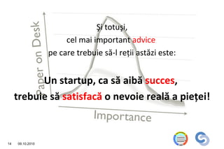 Şi totuşi,
                       cel mai important advice
                  pe care trebuie să-l reţii astăzi este:


           Un startup, ca să aibă succes,
     trebuie să satisfacă o nevoie reală a pieţei!



14   09.10.2010
 