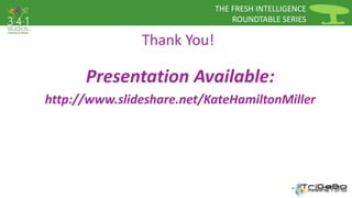 THE FRESH INTELLIGENCE 
ROUNDTABLE SERIES 
Thank You! 
Presentation Available: 
http://www.slideshare.net/KateHamiltonMiller 
