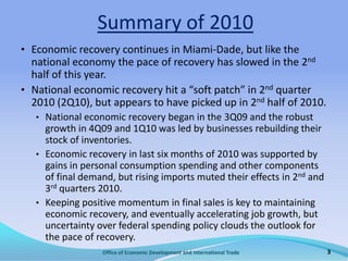 Office of Economic Development and International Trade3Summary of 2010Economic recovery continues in Miami-Dade, but like the national economy the pace of recovery has slowed in the 2nd half of this year.National economic recovery hit a “soft patch” in 2nd quarter 2010 (2Q10), but appears to have picked up in 2nd half of 2010.National economic recovery began in the 3Q09 and the robust growth in 4Q09 and 1Q10 was led by businesses rebuilding their stock of inventories.Economic recovery in last six months of 2010 was supported by gains in personal consumption spending and other components of final demand, but rising imports muted their effects in 2nd and 3rd quarters 2010.Keeping positive momentum in final sales is key to maintaining economic recovery, and eventually accelerating job growth, but uncertainty over federal spending policy clouds the outlook for the pace of recovery.