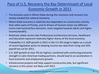 Office of Economic Development and International Trade5Pace of U.S. Recovery the Key Determinant of Local Economic Growth in 2011The business cycle in Miami-Dade during this recession and recovery has closely tracked the national economy.Miami-Dade economy is relatively less dependent on construction activity than other parts of Florida, and its drivers of tourism sector are different (more international/less domestic; more targeted towards adults and higher income/wealth).Relatively stable sectors like Professional and Business Services, Healthcare and Education represent relatively higher shares of the local economy.Probability U.S. GDP growth in 2011 in the 2.5-3% range is higher as a result of recent legislative action to keeping income tax rates from rising and 32% payroll tax cut for 2011.U.S. GDP growth at near 3% (or higher), combined with continuing economic strength in Latin American trading partners, should lead to an acceleration in local economic and employment growth.Infrastructure projects will help support construction jobs, but significant recovery in this sector not likely until 2012. 