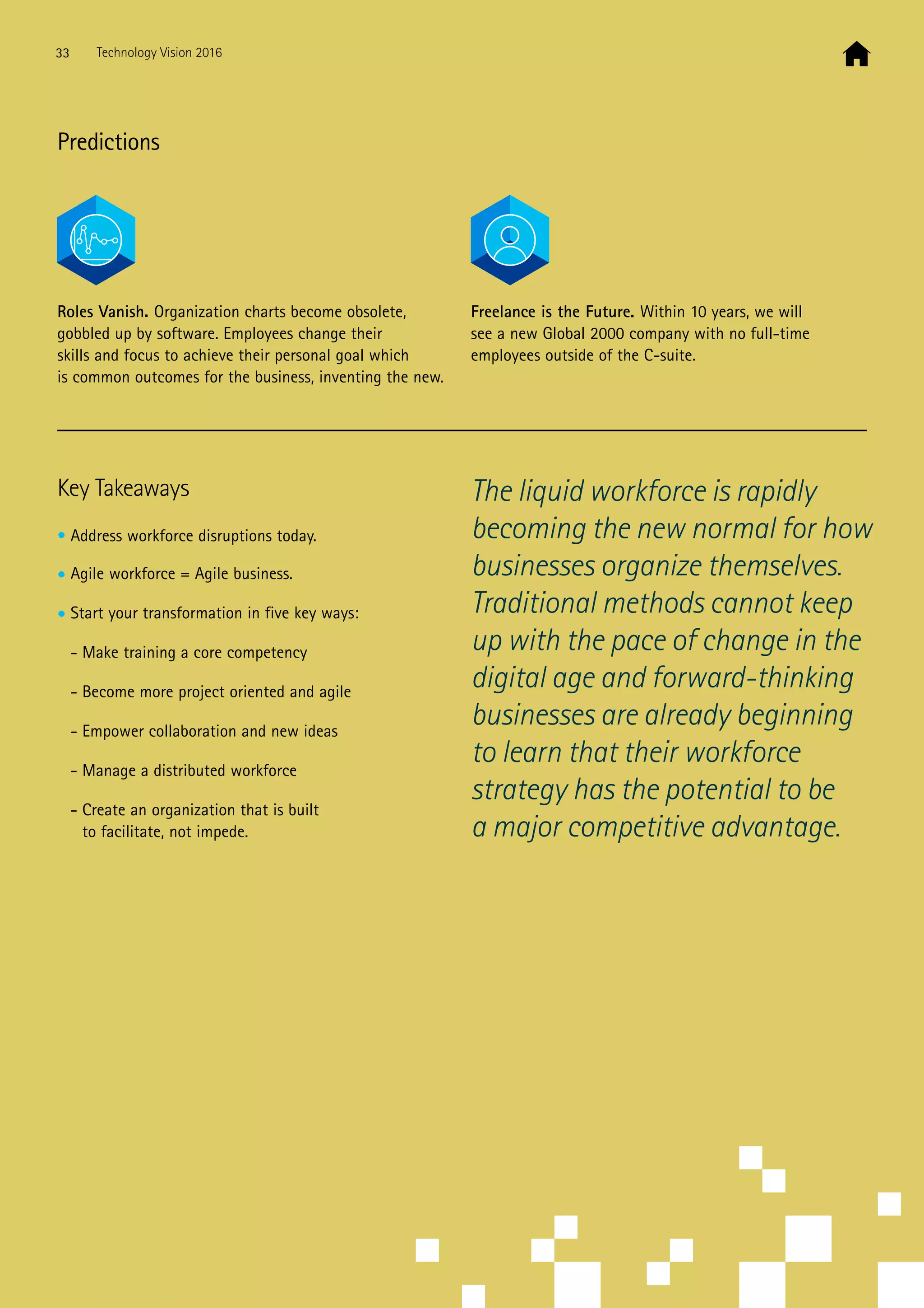 Predictions
Roles Vanish. Organization charts become obsolete,
gobbled up by software. Employees change their
skills and focus to achieve their personal goal which
is common outcomes for the business, inventing the new.
Freelance is the Future. Within 10 years, we will
see a new Global 2000 company with no full-time
employees outside of the C-suite.
Key Takeaways
• Address workforce disruptions today.
• Agile workforce = Agile business.
• Start your transformation in five key ways:
- Make training a core competency
- Become more project oriented and agile
- Empower collaboration and new ideas
- Manage a distributed workforce
- Create an organization that is built
to facilitate, not impede.
The liquid workforce is rapidly
becoming the new normal for how
businesses organize themselves.
Traditional methods cannot keep
up with the pace of change in the
digital age and forward-thinking
businesses are already beginning
to learn that their workforce
strategy has the potential to be
a major competitive advantage.
33 Technology Vision 2016
 