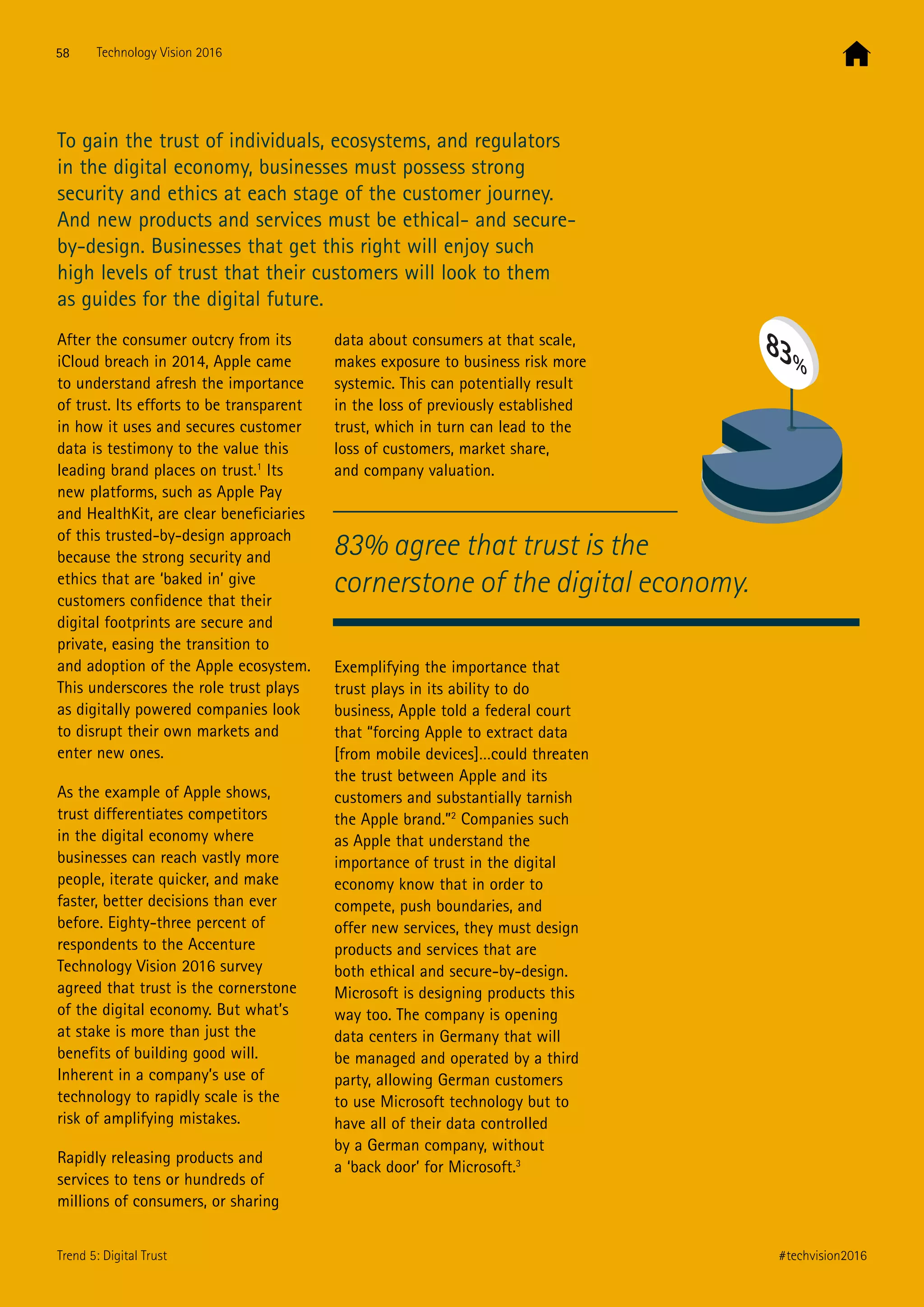 83% agree that trust is the
cornerstone of the digital economy.
To gain the trust of individuals, ecosystems, and regulators
in the digital economy, businesses must possess strong
security and ethics at each stage of the customer journey.
And new products and services must be ethical- and secure-
by-design. Businesses that get this right will enjoy such
high levels of trust that their customers will look to them
as guides for the digital future.
After the consumer outcry from its
iCloud breach in 2014, Apple came
to understand afresh the importance
of trust. Its efforts to be transparent
in how it uses and secures customer
data is testimony to the value this
leading brand places on trust.1
Its
new platforms, such as Apple Pay
and HealthKit, are clear beneficiaries
of this trusted-by-design approach
because the strong security and
ethics that are ‘baked in’ give
customers confidence that their
digital footprints are secure and
private, easing the transition to
and adoption of the Apple ecosystem.
This underscores the role trust plays
as digitally powered companies look
to disrupt their own markets and
enter new ones.
As the example of Apple shows,
trust differentiates competitors
in the digital economy where
businesses can reach vastly more
people, iterate quicker, and make
faster, better decisions than ever
before. Eighty-three percent of
respondents to the Accenture
Technology Vision 2016 survey
agreed that trust is the cornerstone
of the digital economy. But what’s
at stake is more than just the
benefits of building good will.
Inherent in a company’s use of
technology to rapidly scale is the
risk of amplifying mistakes.
Rapidly releasing products and
services to tens or hundreds of
millions of consumers, or sharing
data about consumers at that scale,
makes exposure to business risk more
systemic. This can potentially result
in the loss of previously established
trust, which in turn can lead to the
loss of customers, market share,
and company valuation.
Exemplifying the importance that
trust plays in its ability to do
business, Apple told a federal court
that “forcing Apple to extract data
[from mobile devices]…could threaten
the trust between Apple and its
customers and substantially tarnish
the Apple brand.”2
Companies such
as Apple that understand the
importance of trust in the digital
economy know that in order to
compete, push boundaries, and
offer new services, they must design
products and services that are
both ethical and secure-by-design.
Microsoft is designing products this
way too. The company is opening
data centers in Germany that will
be managed and operated by a third
party, allowing German customers
to use Microsoft technology but to
have all of their data controlled
by a German company, without
a ‘back door’ for Microsoft.3
83%
58 Technology Vision 2016
#techvision2016Trend 5: Digital Trust
 
