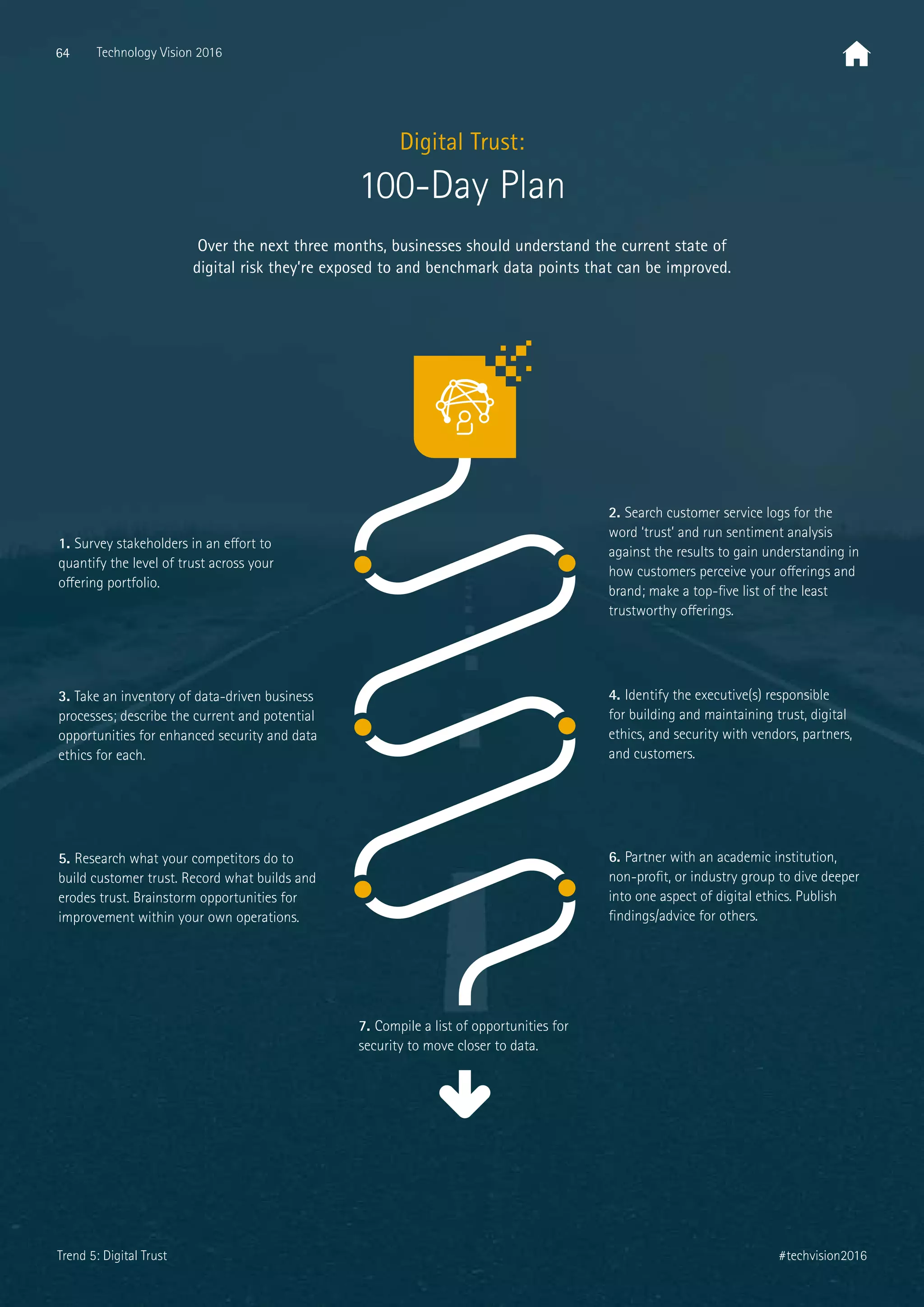 1. Survey stakeholders in an eﬀort to
quantify the level of trust across your
oﬀering portfolio.
3. Take an inventory of data-driven business
processes; describe the current and potential
opportunities for enhanced security and data
ethics for each.
5. Research what your competitors do to
build customer trust. Record what builds and
erodes trust. Brainstorm opportunities for
improvement within your own operations.
7. Compile a list of opportunities for
security to move closer to data.
6. Partner with an academic institution,
non-proﬁt, or industry group to dive deeper
into one aspect of digital ethics. Publish
ﬁndings/advice for others.
4. Identify the executive(s) responsible
for building and maintaining trust, digital
ethics, and security with vendors, partners,
and customers.
2. Search customer service logs for the
word ‘trust’ and run sentiment analysis
against the results to gain understanding in
how customers perceive your oﬀerings and
brand; make a top-ﬁve list of the least
trustworthy oﬀerings.
Over the next three months, businesses should understand the current state of
digital risk they’re exposed to and benchmark data points that can be improved.
Digital Trust:
100-Day Plan
64 Technology Vision 2016
#techvision2016Trend 5: Digital Trust
 