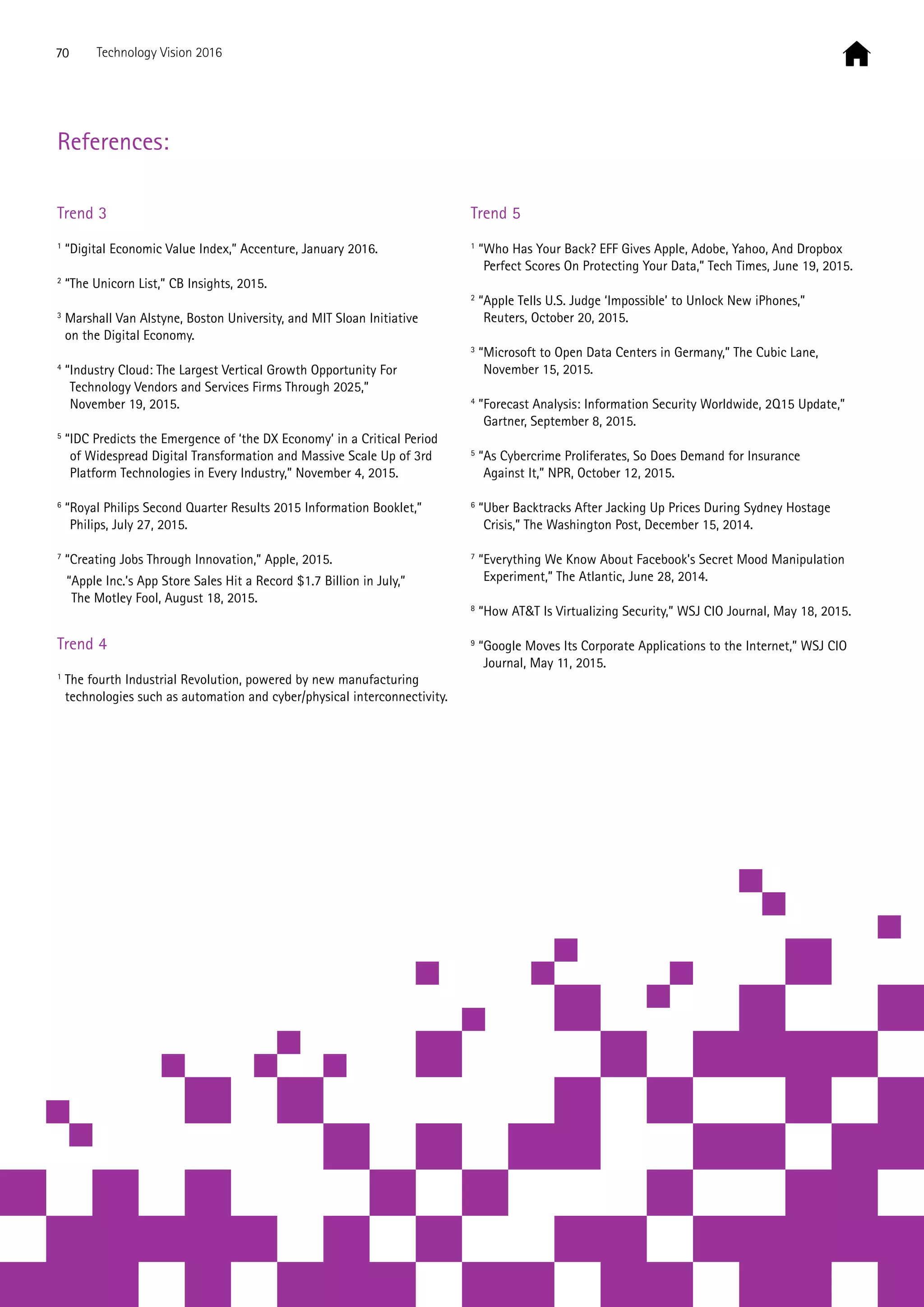 Trend 3
1
“Digital Economic Value Index,” Accenture, January 2016.
2
“The Unicorn List,” CB Insights, 2015.
3
Marshall Van Alstyne, Boston University, and MIT Sloan Initiative
on the Digital Economy.
4
“Industry Cloud: The Largest Vertical Growth Opportunity For
Technology Vendors and Services Firms Through 2025,”
November 19, 2015.
5
“IDC Predicts the Emergence of ‘the DX Economy’ in a Critical Period
of Widespread Digital Transformation and Massive Scale Up of 3rd
Platform Technologies in Every Industry,” November 4, 2015.
6
“Royal Philips Second Quarter Results 2015 Information Booklet,”
Philips, July 27, 2015.
7
“Creating Jobs Through Innovation,” Apple, 2015.
	 “Apple Inc.’s App Store Sales Hit a Record $1.7 Billion in July,”
The Motley Fool, August 18, 2015.
Trend 4
1
The fourth Industrial Revolution, powered by new manufacturing
technologies such as automation and cyber/physical interconnectivity.
Trend 5
1
“Who Has Your Back? EFF Gives Apple, Adobe, Yahoo, And Dropbox
Perfect Scores On Protecting Your Data,” Tech Times, June 19, 2015.
2
“Apple Tells U.S. Judge ‘Impossible’ to Unlock New iPhones,”
Reuters, October 20, 2015.
3
“Microsoft to Open Data Centers in Germany,” The Cubic Lane,
November 15, 2015.
4
”Forecast Analysis: Information Security Worldwide, 2Q15 Update,”
Gartner, September 8, 2015.
5
“As Cybercrime Proliferates, So Does Demand for Insurance
Against It,” NPR, October 12, 2015.
6
“Uber Backtracks After Jacking Up Prices During Sydney Hostage
Crisis,” The Washington Post, December 15, 2014.
7
“Everything We Know About Facebook’s Secret Mood Manipulation
Experiment,” The Atlantic, June 28, 2014.
8
“How ATT Is Virtualizing Security,” WSJ CIO Journal, May 18, 2015.
9
“Google Moves Its Corporate Applications to the Internet,” WSJ CIO
Journal, May 11, 2015.
References:
70 Technology Vision 2016
 
