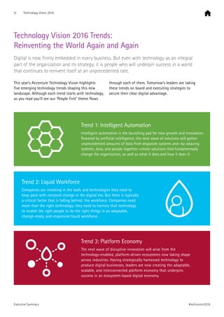 Technology Vision 2016 Trends:
Reinventing the World Again and Again
Digital is now firmly embedded in every business. But even with technology as an integral
part of the organization and its strategy, it is people who will underpin success in a world
that continues to reinvent itself at an unprecedented rate.
This year’s Accenture Technology Vision highlights
five emerging technology trends shaping this new
landscape. Although each trend starts with technology,
as you read you’ll see our ‘People First’ theme flows
through each of them. Tomorrow’s leaders are taking
these trends on board and executing strategies to
secure their clear digital advantage.
Trend 1: Intelligent Automation
Intelligent automation is the launching pad for new growth and innovation.
Powered by artificial intelligence, the next wave of solutions will gather
unprecedented amounts of data from disparate systems and—by weaving
systems, data, and people together—create solutions that fundamentally
change the organization, as well as what it does and how it does it.
Trend 2: Liquid Workforce
Companies are investing in the tools and technologies they need to
keep pace with constant change in the digital era. But there is typically
a critical factor that is falling behind: the workforce. Companies need
more than the right technology; they need to harness that technology
to enable the right people to do the right things in an adaptable,
change-ready, and responsive liquid workforce.
Trend 3: Platform Economy
The next wave of disruptive innovation will arise from the
technology-enabled, platform-driven ecosystems now taking shape
across industries. Having strategically harnessed technology to
produce digital businesses, leaders are now creating the adaptable,
scalable, and interconnected platform economy that underpins
success in an ecosystem-based digital economy.
11 Technology Vision 2016
#techvision2016Executive Summary
 