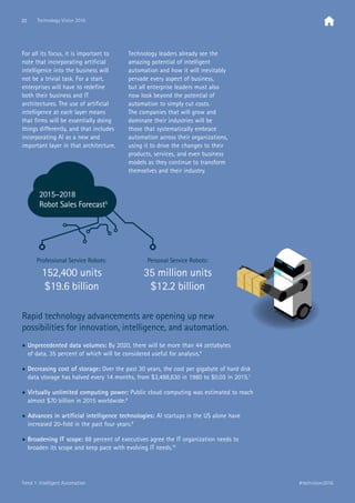 • Unprecedented data volumes: By 2020, there will be more than 44 zettabytes
of data, 35 percent of which will be considered useful for analysis.6
• Decreasing cost of storage: Over the past 30 years, the cost per gigabyte of hard disk
data storage has halved every 14 months, from $3,488,630 in 1980 to $0.03 in 2015.7
• Virtually unlimited computing power: Public cloud computing was estimated to reach
almost $70 billion in 2015 worldwide.8
• Advances in artificial intelligence technologies: AI startups in the US alone have
increased 20-fold in the past four years.9
• Broadening IT scope: 88 percent of executives agree the IT organization needs to
broaden its scope and keep pace with evolving IT needs.10
Rapid technology advancements are opening up new
possibilities for innovation, intelligence, and automation.
For all its focus, it is important to
note that incorporating artificial
intelligence into the business will
not be a trivial task. For a start,
enterprises will have to redefine
both their business and IT
architectures. The use of artificial
intelligence at each layer means
that firms will be essentially doing
things differently, and that includes
incorporating AI as a new and
important layer in that architecture.
Technology leaders already see the
amazing potential of intelligent
automation and how it will inevitably
pervade every aspect of business,
but all enterprise leaders must also
now look beyond the potential of
automation to simply cut costs.
The companies that will grow and
dominate their industries will be
those that systematically embrace
automation across their organizations,
using it to drive the changes to their
products, services, and even business
models as they continue to transform
themselves and their industry.
2015–2018
Robot Sales Forecast5
Professional Service Robots:
152,400 units
$19.6 billion
Personal Service Robots:
35 million units
$12.2 billion
20 Technology Vision 2016
#techvision2016Trend 1: Intelligent Automation
 