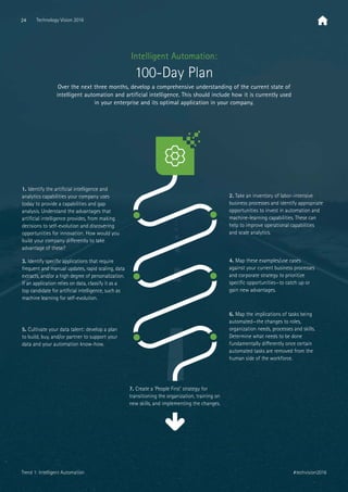 Intelligent Automation:
100-Day Plan
1. Identify the artiﬁcial intelligence and
analytics capabilities your company uses
today to provide a capabilities and gap
analysis. Understand the advantages that
artiﬁcial intelligence provides, from making
decisions to self-evolution and discovering
opportunities for innovation. How would you
build your company diﬀerently to take
advantage of these?
3. Identify speciﬁc applications that require
frequent and manual updates, rapid scaling, data
extracts, and/or a high degree of personalization.
If an application relies on data, classify it as a
top candidate for artiﬁcial intelligence, such as
machine learning for self-evolution.
5. Cultivate your data talent: develop a plan
to build, buy, and/or partner to support your
data and your automation know-how.
4. Map these examples/use cases
against your current business processes
and corporate strategy to prioritize
speciﬁc opportunities—to catch up or
gain new advantages.
6. Map the implications of tasks being
automated—the changes to roles,
organization needs, processes and skills.
Determine what needs to be done
fundamentally diﬀerently once certain
automated tasks are removed from the
human side of the workforce.
7. Create a ‘People First’ strategy for
transitioning the organization, training on
new skills, and implementing the changes.
2. Take an inventory of labor-intensive
business processes and identify appropriate
opportunities to invest in automation and
machine-learning capabilities. These can
help to improve operational capabilities
and scale analytics.
Over the next three months, develop a comprehensive understanding of the current state of
intelligent automation and artificial intelligence. This should include how it is currently used
in your enterprise and its optimal application in your company.
24 Technology Vision 2016
#techvision2016Trend 1: Intelligent Automation
 