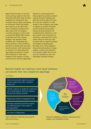 Business leaders are realizing a more liquid workforce
can become their new competitive advantage
The Present
Walk through the doors of any tech
startup, and you expect to find work
being done differently. After all, these
companies are renowned for their
innovative culture, agility, and passion
for reinvention. What most people
don’t expect is to see these same
traits in traditional companies. But
take a look at GE. The company
is actively changing its culture from
a conventional Global 2000 mindset
to behaving more like a startup.
Through a new approach called
FastWorks, GE is embedding lean
startup practices into the workforce,
pushing it to change faster and make
smarter decisions, while staying close
to customers. It’s doing away with
rigid approval processes to instead
allow employees to make rapid
changes to their projects or quickly
switch direction. And the organization
bolsters the evolving demand of
these projects by providing constant
training that gives employees the
skills they need to adapt and thrive.
GE is just one example of a wider
change in how companies work today.
In response to constant disruption
and fast-shifting business goals,
forward-thinking enterprises are
reimagining their workforces. In the
past, anyone—from accountants to
machinists—could spend their entire
careers doing the same job, using
the same skills to support businesses
with largely unchanging goals.
But today we’re seeing companies
being continually pushed to change
products, services, and sometimes
even business models. And not just
once, but constantly, as each new
technology innovation emerges.
Siloed work generally aligned by business
function (engineering, sales, marketing,
design, etc.).
Low levels of collaboration.
Innovation generally practiced by specific
non-official groups or ‘lone wolves’ in
the organization.
Fragmented workforce management tools.
Training is ad-hoc, as needed for a particular
tool or technology (in which the company
has generally already invested).
Static workforces organized around specific
skills and functions.
Tomorrow: Adaptable workforces organized around
projects, with embedded training.
The
Future
Project-oriented
working groups,
emphasizing
collaboration, agility,
and skill sharing.
Failing fast
and iterative:
employees are
empowered to
innovate.
Continuous training
as a core organizational
competency.
Data-based organizational
management using
predictive analytics and
end-to-end HR suites.
Increased expansion
of workforce to
external talent
including both formal
contractors and
crowd platforms.
27 Technology Vision 2016
#techvision2016Trend 2: Liquid Workforce
 