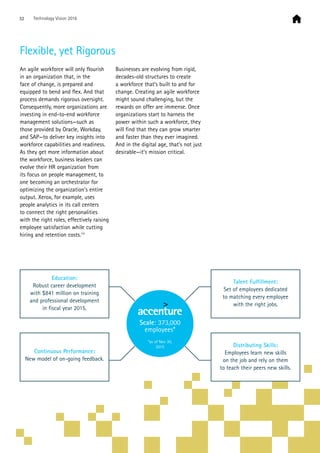 Flexible, yet Rigorous
An agile workforce will only flourish
in an organization that, in the
face of change, is prepared and
equipped to bend and flex. And that
process demands rigorous oversight.
Consequently, more organizations are
investing in end-to-end workforce
management solutions—such as
those provided by Oracle, Workday,
and SAP—to deliver key insights into
workforce capabilities and readiness.
As they get more information about
the workforce, business leaders can
evolve their HR organization from
its focus on people management, to
one becoming an orchestrator for
optimizing the organization’s entire
output. Xerox, for example, uses
people analytics in its call centers
to connect the right personalities
with the right roles, effectively raising
employee satisfaction while cutting
hiring and retention costs.14
Businesses are evolving from rigid,
decades-old structures to create
a workforce that’s built to and for
change. Creating an agile workforce
might sound challenging, but the
rewards on offer are immense. Once
organizations start to harness the
power within such a workforce, they
will find that they can grow smarter
and faster than they ever imagined.
And in the digital age, that’s not just
desirable—it’s mission critical.
Scale: 373,000
employees*
Education:
Robust career development
with $841 million on training
and professional development
in fiscal year 2015.
Talent Fulfillment:
Set of employees dedicated
to matching every employee
with the right jobs.
Distributing Skills:
Employees learn new skills
on the job and rely on them
to teach their peers new skills.
Continuous Performance:
New model of on-going feedback.
*as of Nov 30,
2015
32 Technology Vision 2016
 