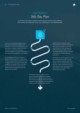 1. Put your new training strategy to work.
Pick one high-need skill and pilot a new
curriculum to train existing employees in that
area. Use this initiative to determine which
combination of training sources (e.g.,
bootcamps, MOOCs, personalized training) are
the most eﬀective strategies for your workers.
3. To understand where your enterprise
stands to beneﬁt most from crowdsourcing,
commission three projects that each focus on
a diﬀerent area that the crowd is well suited
to address. Use insights from these projects
to sanction the use of crowdsourcing for
projects across the organization that will
realize the most beneﬁt.
4. Integrate the use of analytics into your
HR organization. Pair a team from HR
with your data scientists to derive new
insights from your workforce that could
help with reviews, promotions, hiring, or
other areas that need improvement. Use
these insights to strengthen talent
retention and recruiting.
2. Build a plan to scale your liquid
project practices across the organization.
Learn from the progress of your pilot
group. What were their successes and
where did they ﬁnd setbacks? Use this
knowledge to build a plan that will allow
you to push this model across your
organization.
5. Introduce predictive analytics to one
area of your people management strategy
(promotions or hiring, for example). Use your
team of data scientists and HR professionals to
develop a comprehensive plan for how predictive
analytics could enhance existing practices.
Liquid Workforce:
365-Day Plan
A year from now, liquid workforce transformation should be well underway.
Plan to drive the momentum across your organization in the following ways:
35 Technology Vision 2016
#techvision2016Trend 2: Liquid Workforce
 
