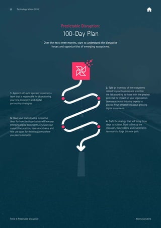 2. Take an inventory of the ecosystems
related to your business and prioritize
the list according to those with the greatest
potential for impact on your organization.
Leverage external industry experts to
provide fresh perspectives about growing
digital ecosystems.
3. Have your team develop innovative
ideas for how the organization will leverage
emerging digital ecosystems. Envision your
competitive position, new value chains, and
new use cases for the ecosystems where
you plan to compete.
4. Craft the strategy that will bring these
ideas to fruition. Start to line up the
resources, stakeholders, and investments
necessary to forge this new path.
1. Appoint a C-suite sponsor to oversee a
team that is responsible for championing
your new ecosystem and digital
partnership strategies.
Over the next three months, start to understand the disruptive
forces and opportunities of emerging ecosystems.
Predictable Disruption:
100-Day Plan
55 Technology Vision 2016
#techvision2016Trend 4: Predictable Disruption
 